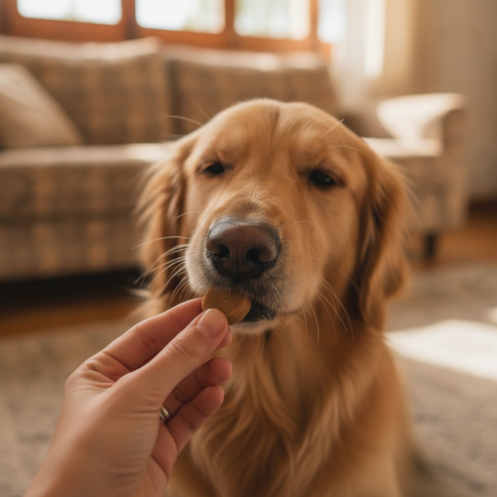 Perro tomando el comprimido masticable de la mano