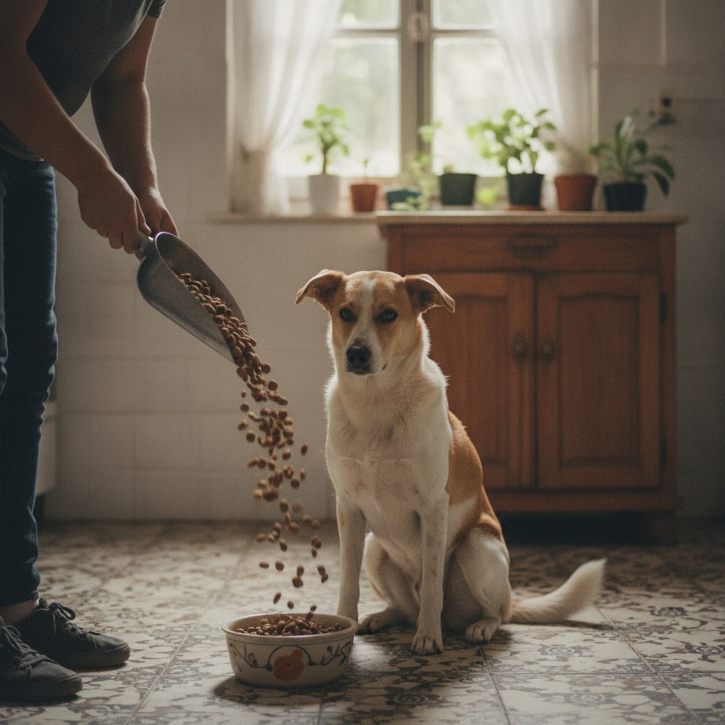 Servir la porción diaria en el comedero