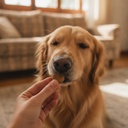 Perro tomando el comprimido masticable de la mano