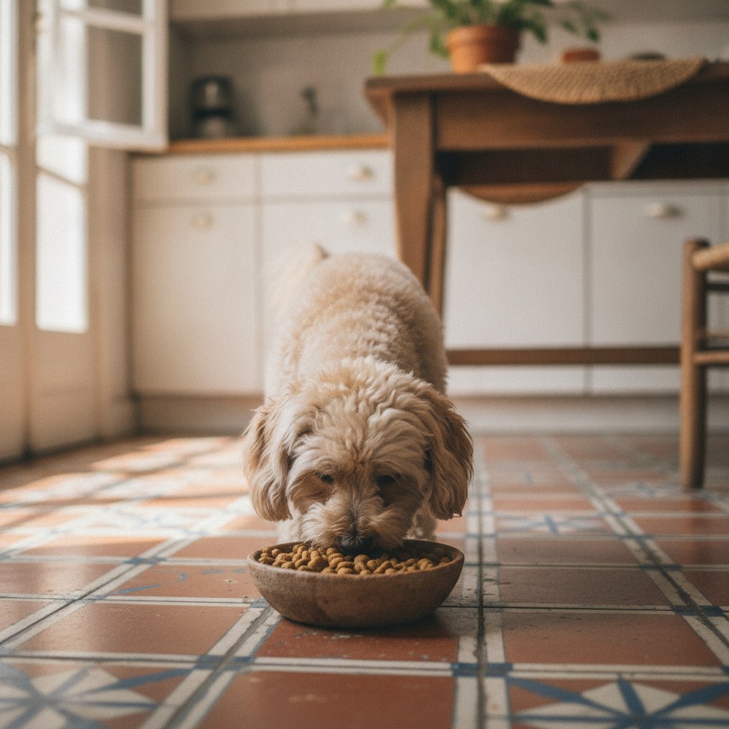Perro de raza chica comiendo